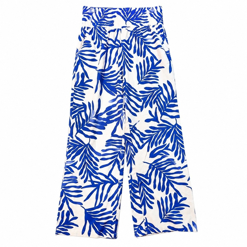 New Happily Grey Women's Linen Blend Pants Medium Blue White Tropical Wide Leg